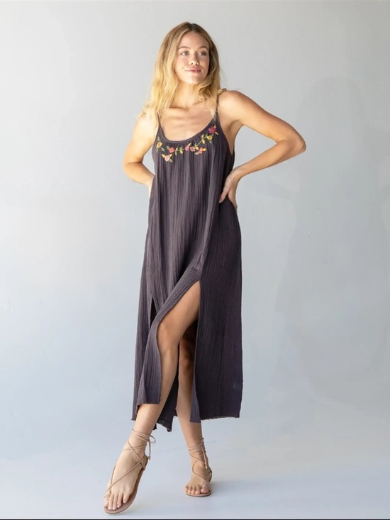 NATURAL LIFE Dresses & Skirts - NATURAL LIFE Charcoal Maxi Slip Dress with Floral Embroidery